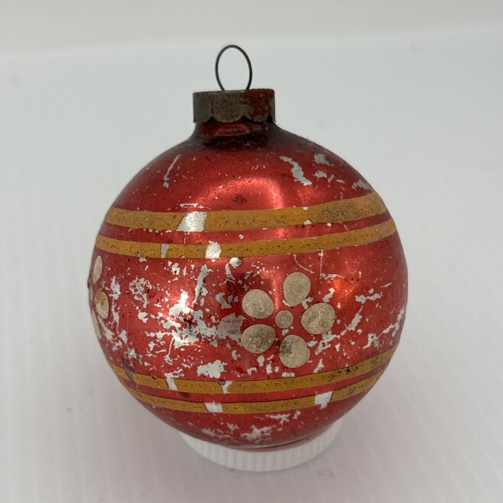 Vintage Mercury Glass Red Striped Ornament USA Made Christmas Holiday